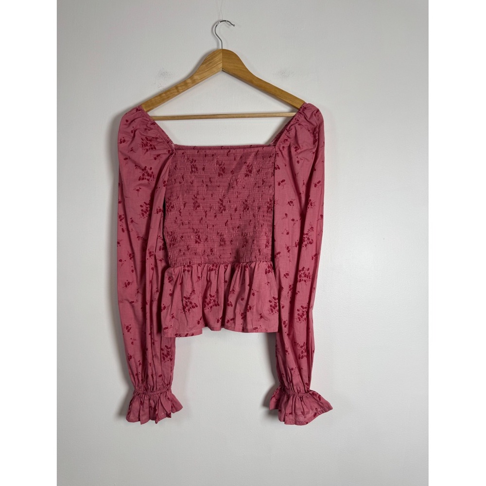 Cottagecore Dizzy Lizzy Womens Large Smocked Peplum Top Pink‎ Floral Puff Sleeve